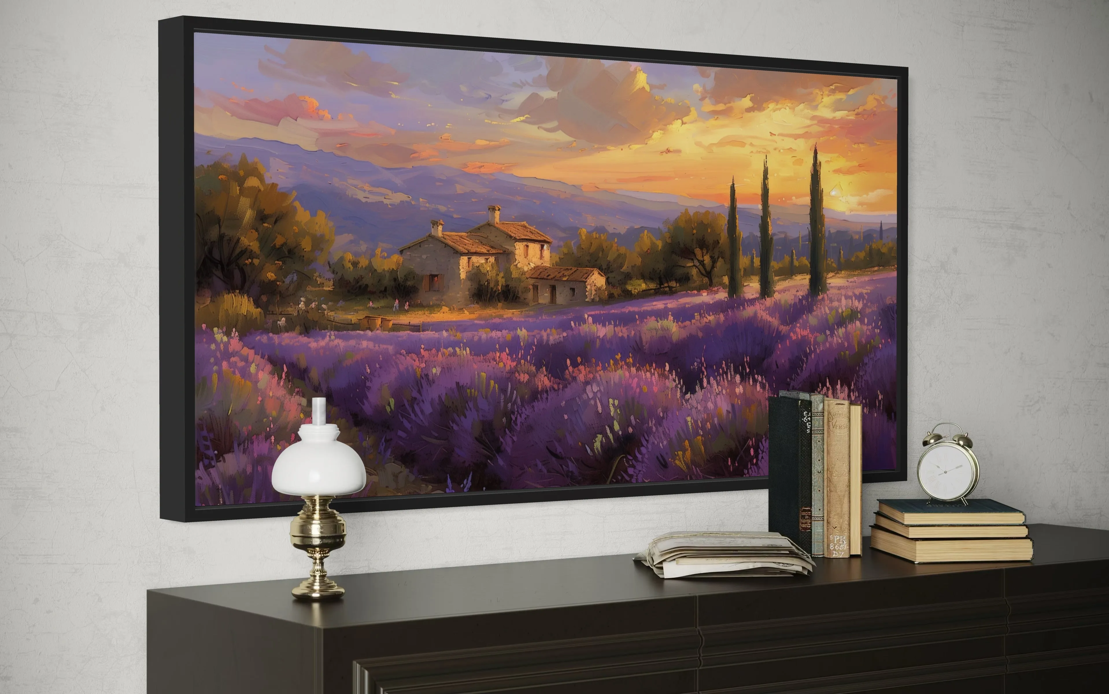 Lavender Fields of Provence At Sunset French Landscape Framed Canvas Wall Art