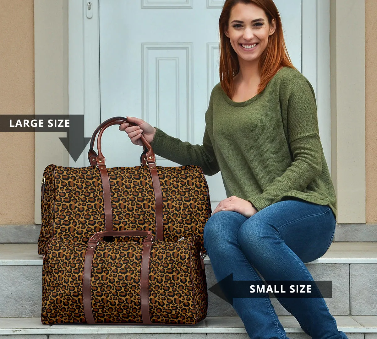 Leopard Print Travel Bag Duffel With Faux Leather Brown Handles