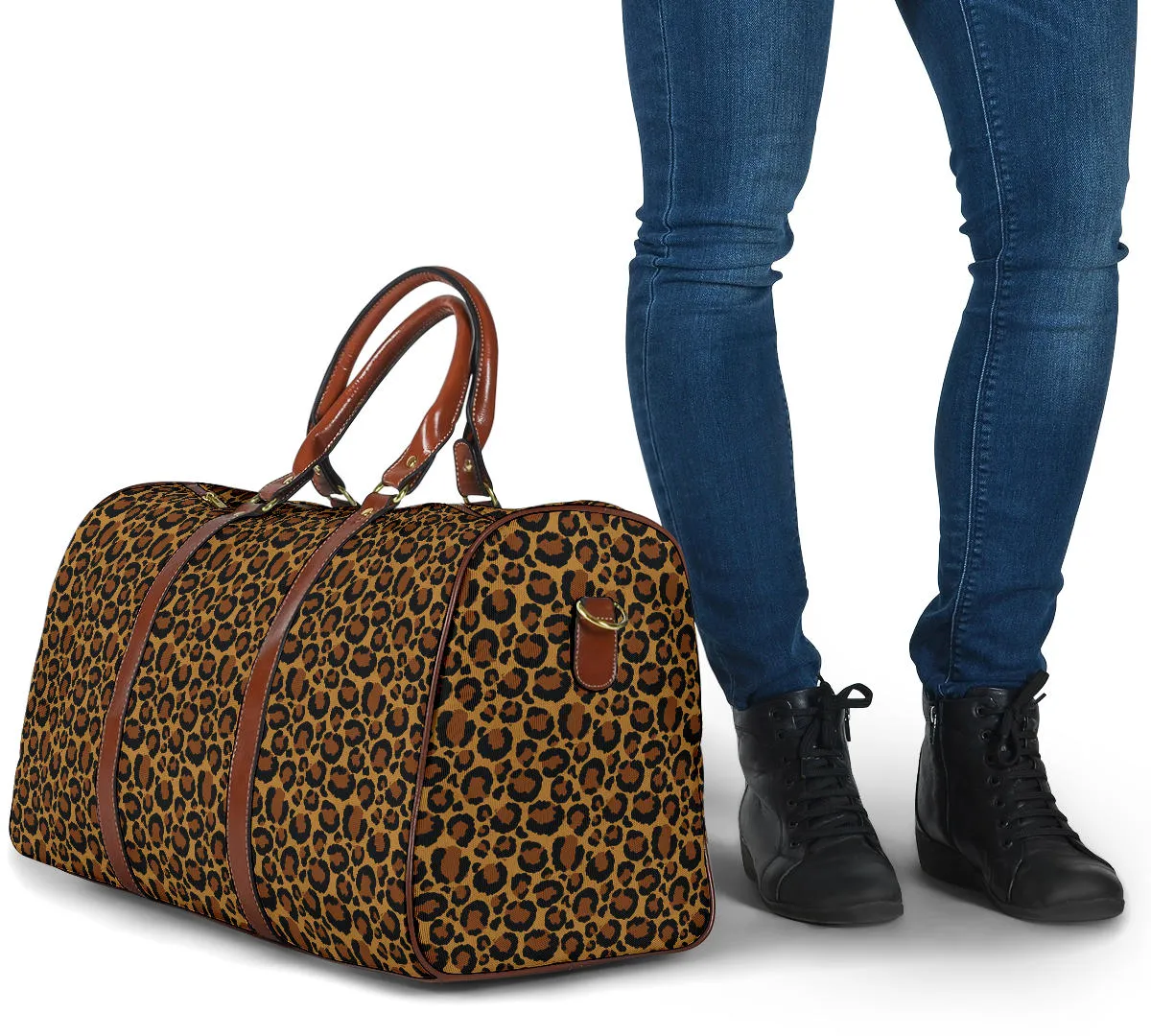 Leopard Print Travel Bag Duffel With Faux Leather Brown Handles