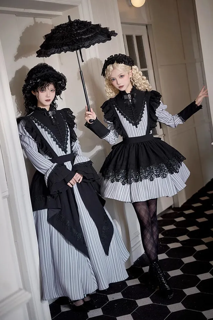 Light Grey [Nocturne] Vertical Stripes Print Ruffle Bowknot Lace Gothic Lolita Dress 2 Versions