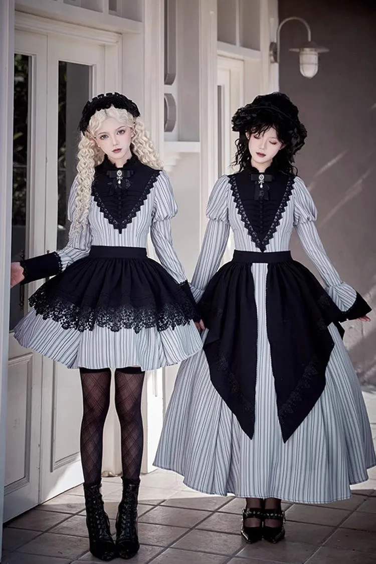 Light Grey [Nocturne] Vertical Stripes Print Ruffle Bowknot Lace Gothic Lolita Dress 2 Versions
