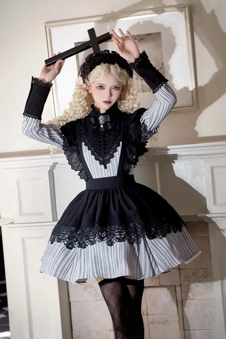 Light Grey [Nocturne] Vertical Stripes Print Ruffle Bowknot Lace Gothic Lolita Dress 2 Versions