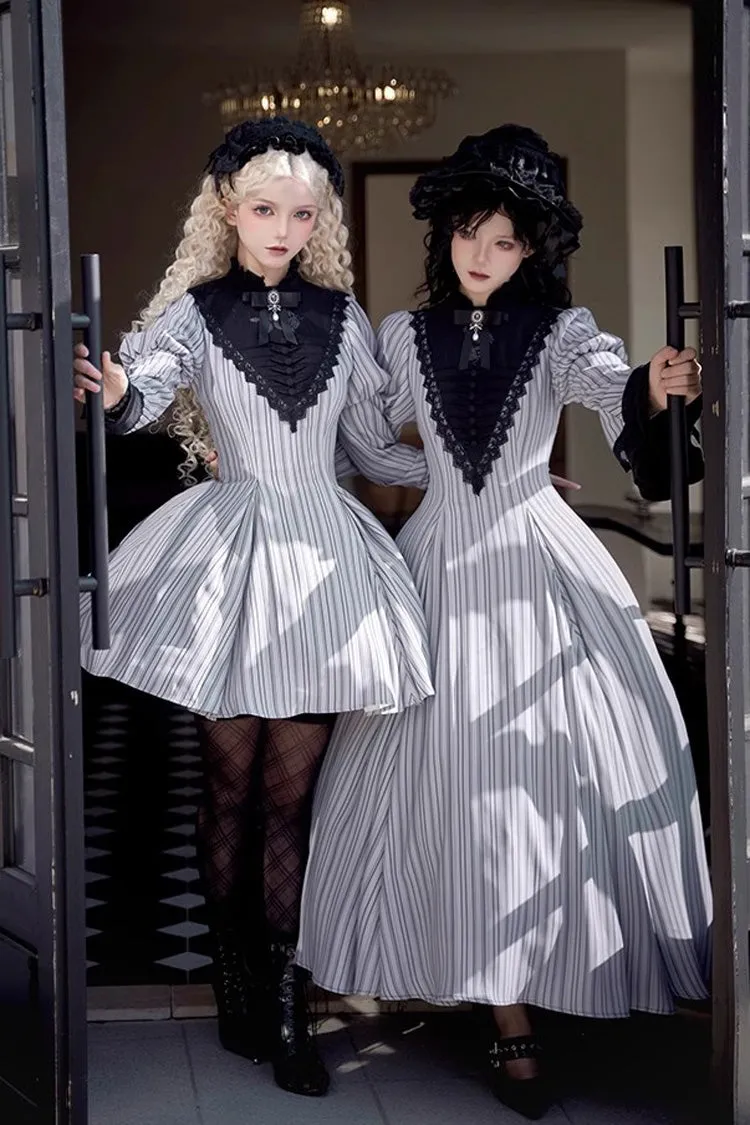 Light Grey [Nocturne] Vertical Stripes Print Ruffle Bowknot Lace Gothic Lolita Dress 2 Versions