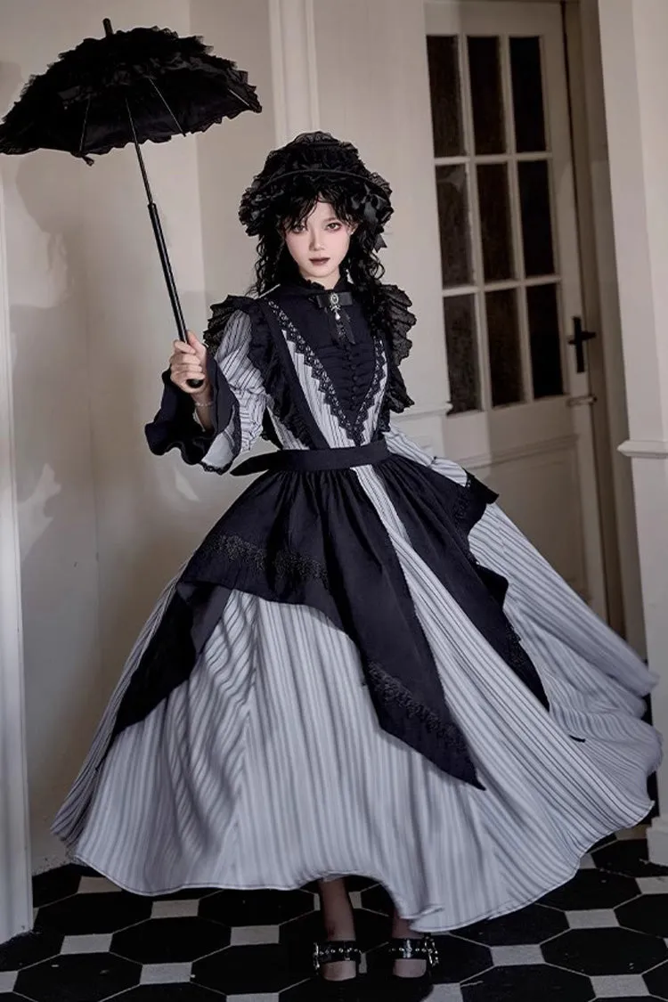 Light Grey [Nocturne] Vertical Stripes Print Ruffle Bowknot Lace Gothic Lolita Dress 2 Versions