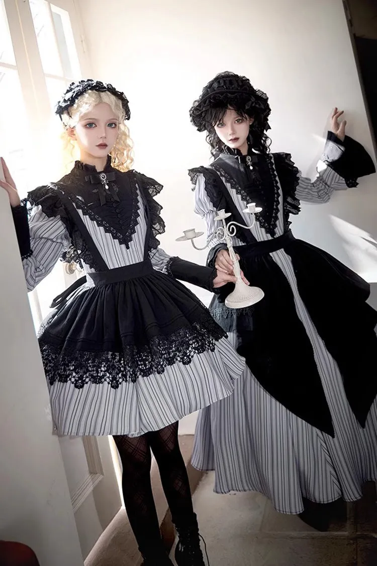 Light Grey [Nocturne] Vertical Stripes Print Ruffle Bowknot Lace Gothic Lolita Dress 2 Versions