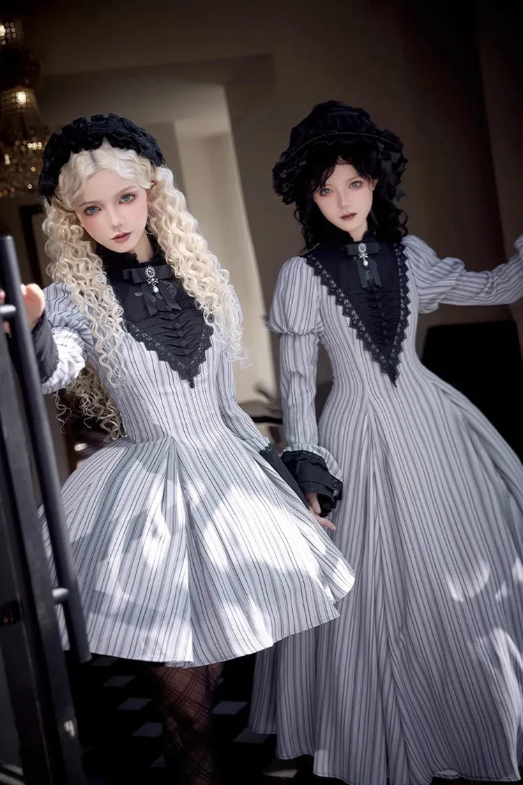 Light Grey [Nocturne] Vertical Stripes Print Ruffle Bowknot Lace Gothic Lolita Dress 2 Versions