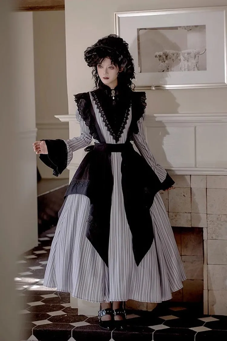 Light Grey [Nocturne] Vertical Stripes Print Ruffle Bowknot Lace Gothic Lolita Dress 2 Versions