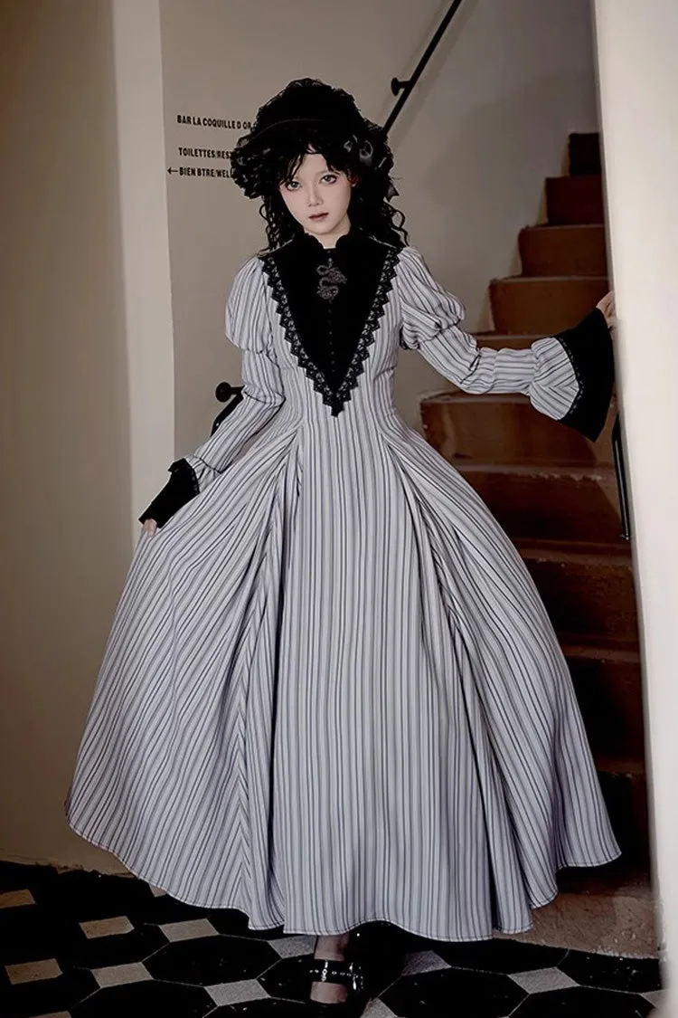 Light Grey [Nocturne] Vertical Stripes Print Ruffle Bowknot Lace Gothic Lolita Dress 2 Versions