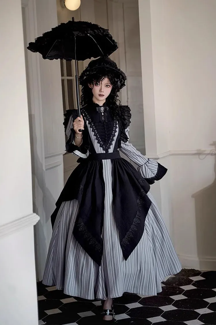 Light Grey [Nocturne] Vertical Stripes Print Ruffle Bowknot Lace Gothic Lolita Dress 2 Versions