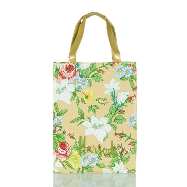London Style PVC Reusable Shopping Bag Women's Bag Eco Friendly Flower Shopper Bag Waterproof Handbag Lunch Tote Shoulder Bag