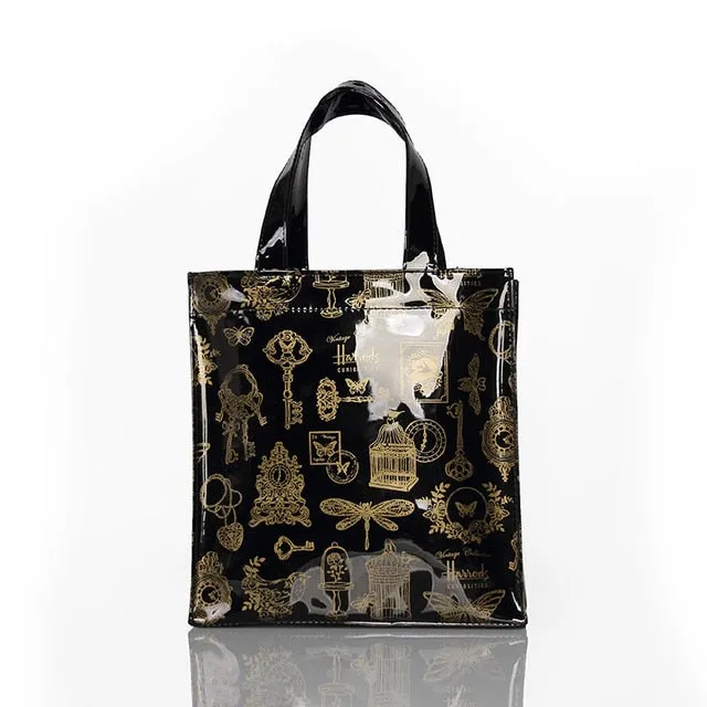 London Style PVC Reusable Shopping Bag Women's Bag Eco Friendly Flower Shopper Bag Waterproof Handbag Lunch Tote Shoulder Bag