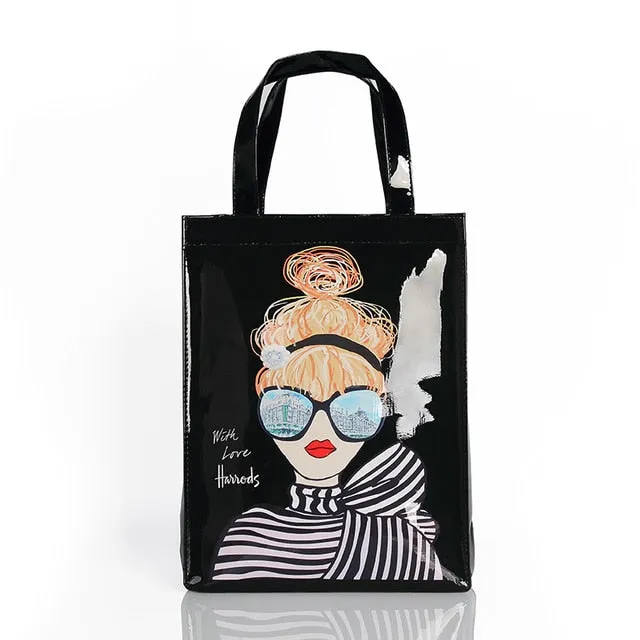 London Style PVC Reusable Shopping Bag Women's Bag Eco Friendly Flower Shopper Bag Waterproof Handbag Lunch Tote Shoulder Bag