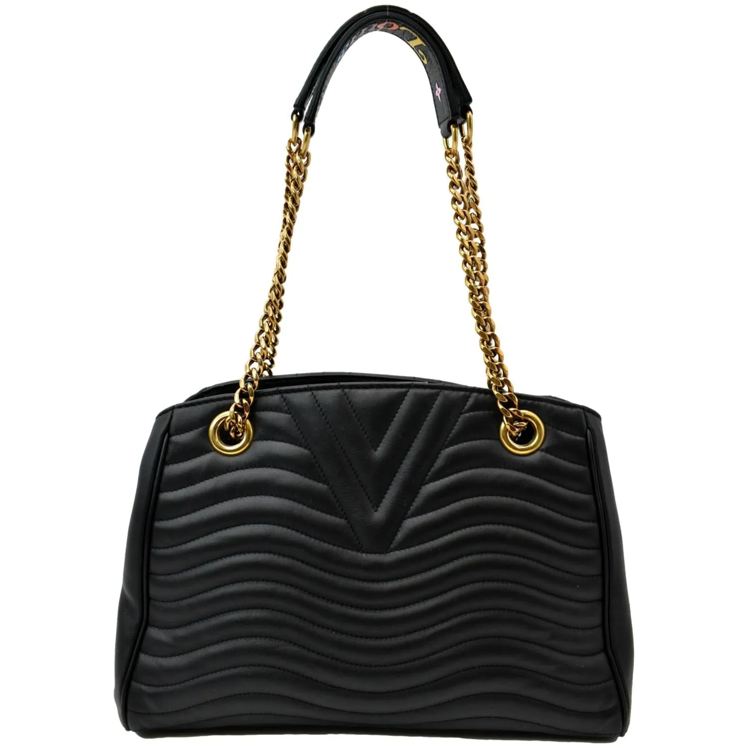 LOUIS VUITTON Wave Chain Leather Tote Shoulder Bag Black