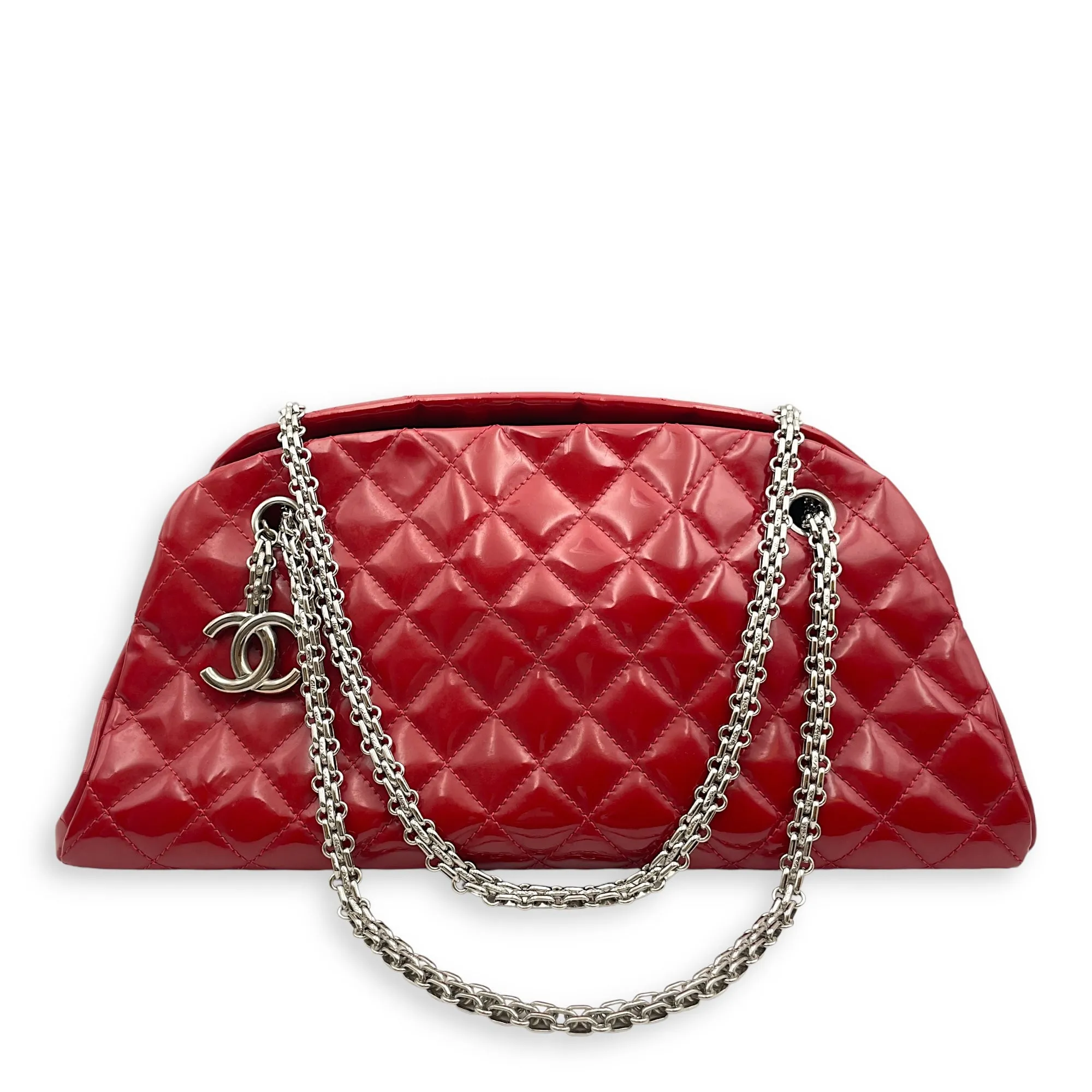 Mademoiselle Bowler Red Shoulder Bag in Patent Leather, Silver hardware