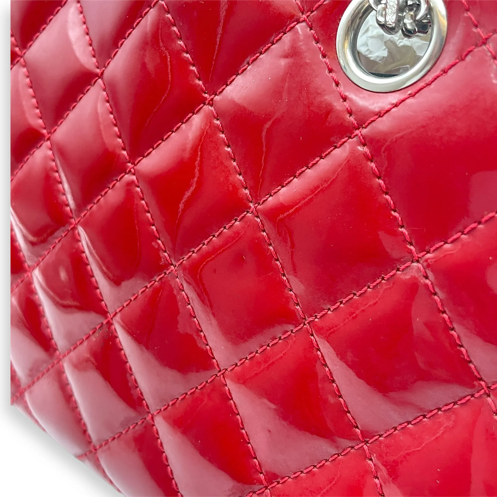 Mademoiselle Bowler Red Shoulder Bag in Patent Leather, Silver hardware