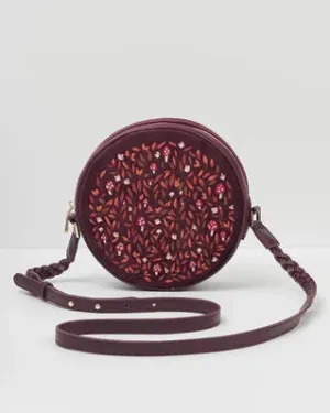 Magical Mushroom Embroidered Burgundy Velvet Circle Bag
