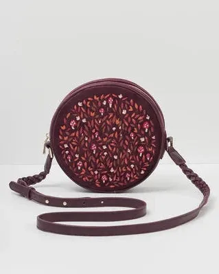 Magical Mushroom Embroidered Burgundy Velvet Circle Bag