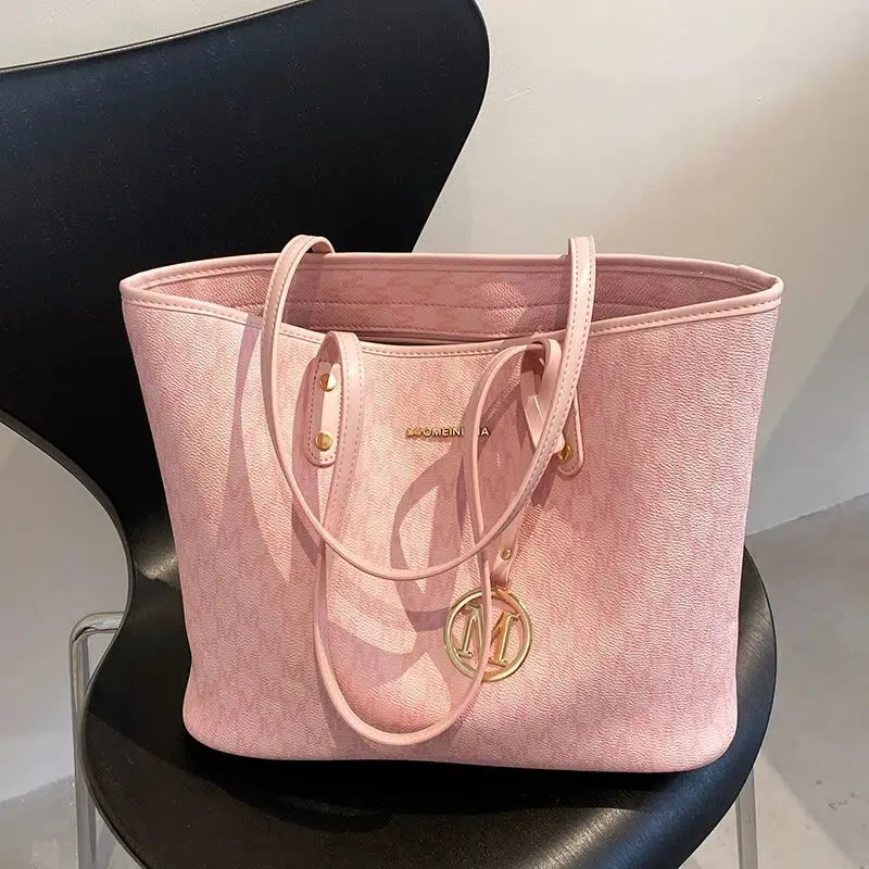 Metal Letter Pendant Leather Tote Bag