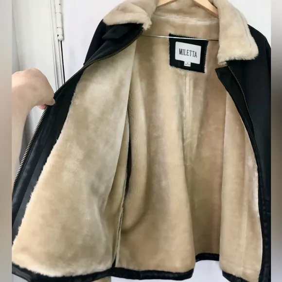 Miletta Black Faux Leather Winter Coat with Cream Faux Fur Lining