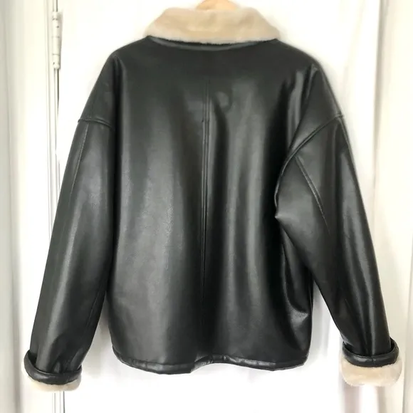 Miletta Black Faux Leather Winter Coat with Cream Faux Fur Lining