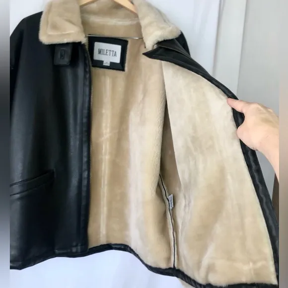 Miletta Black Faux Leather Winter Coat with Cream Faux Fur Lining