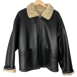 Miletta Black Faux Leather Winter Coat with Cream Faux Fur Lining