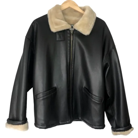 Miletta Black Faux Leather Winter Coat with Cream Faux Fur Lining