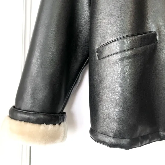 Miletta Black Faux Leather Winter Coat with Cream Faux Fur Lining
