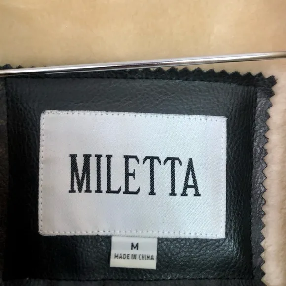Miletta Black Faux Leather Winter Coat with Cream Faux Fur Lining
