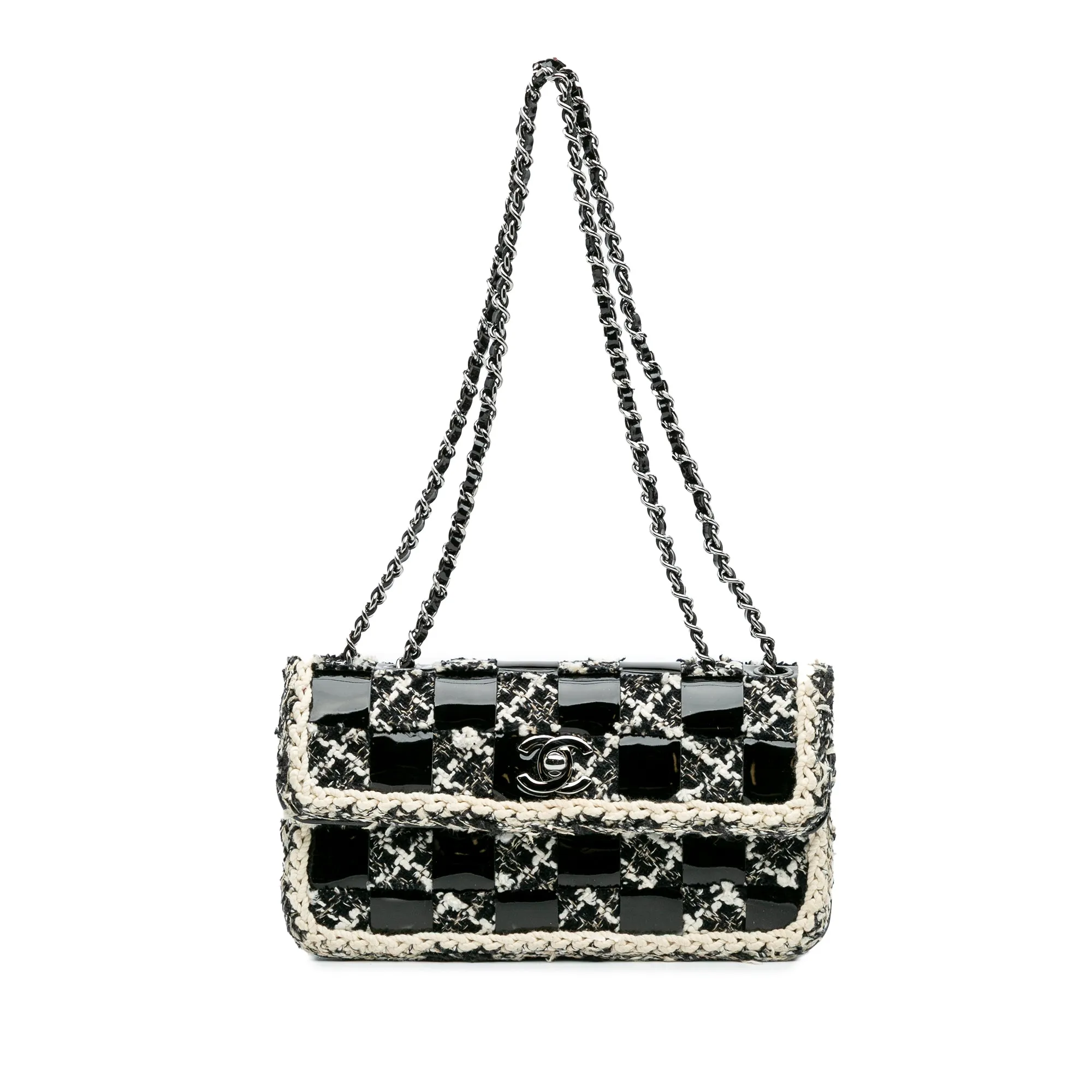 Mini Woven Patent and Tweed Chessboard Single Flap