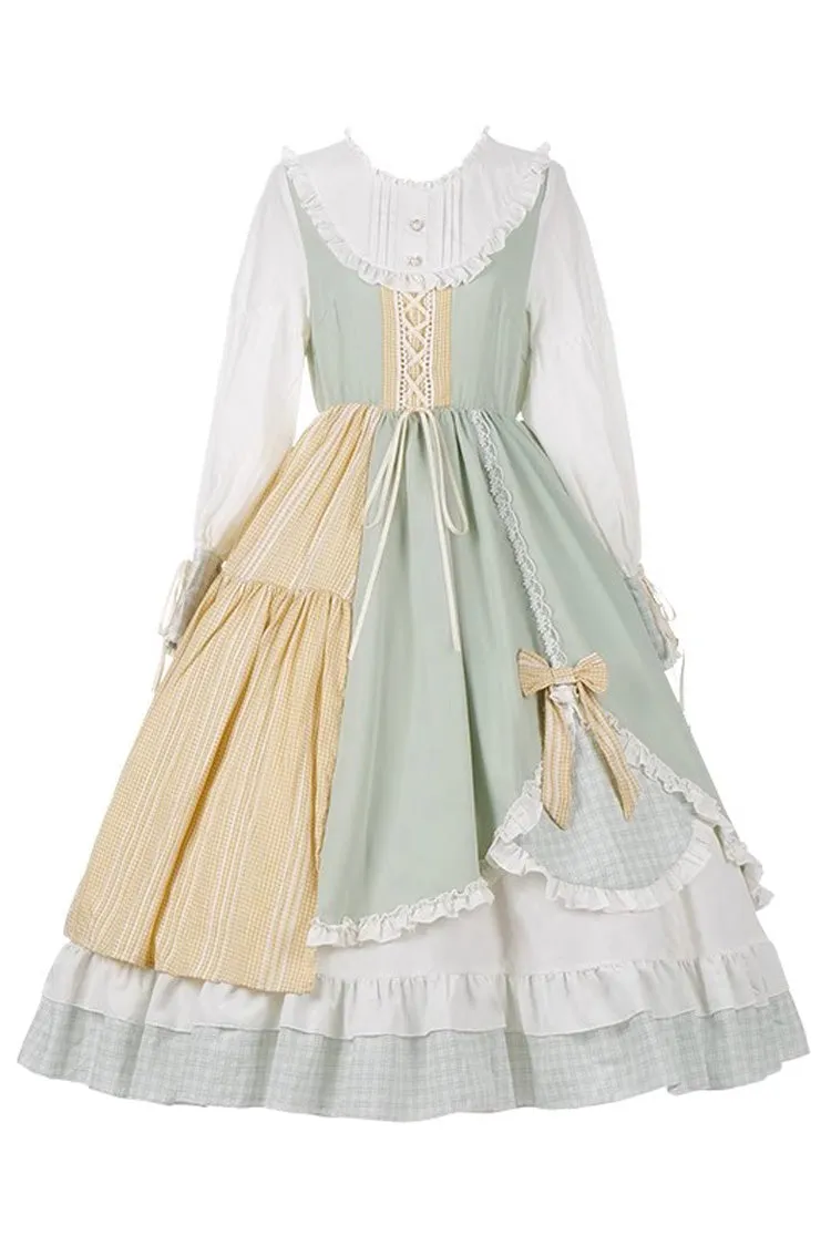 Multi-Color Plaid Print Stitching Ruffle Long Sleeves Sweet Lolita Dress