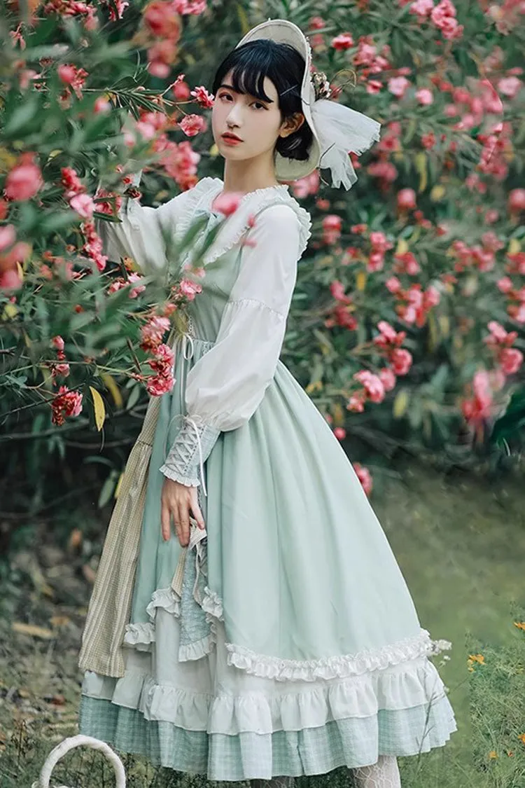 Multi-Color Plaid Print Stitching Ruffle Long Sleeves Sweet Lolita Dress