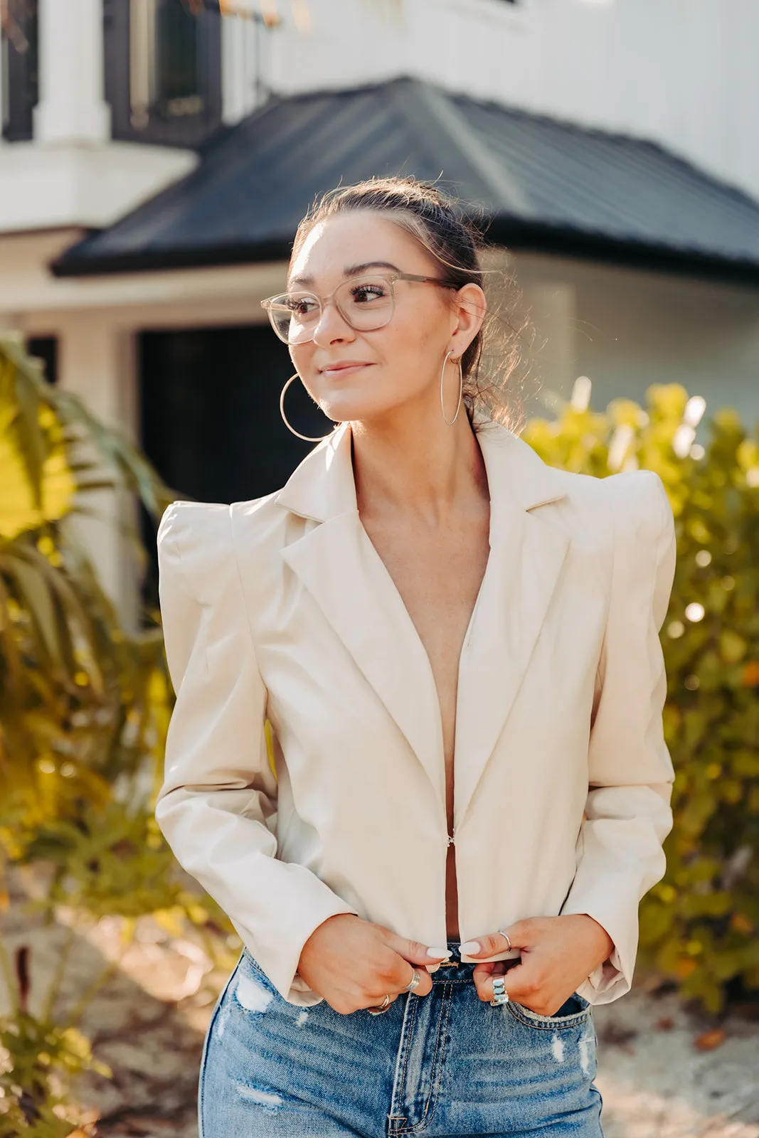 Natural Faux Leather Crop Blazer with Pointed Shoulder