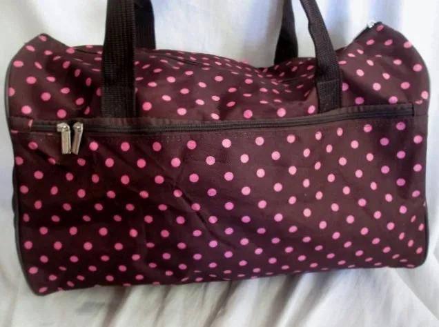 NEW J GARDEN POLKA DOT BOW GIRLS SLEEPOVER Vegan Duffle Bag Overnighter BROWN PINK