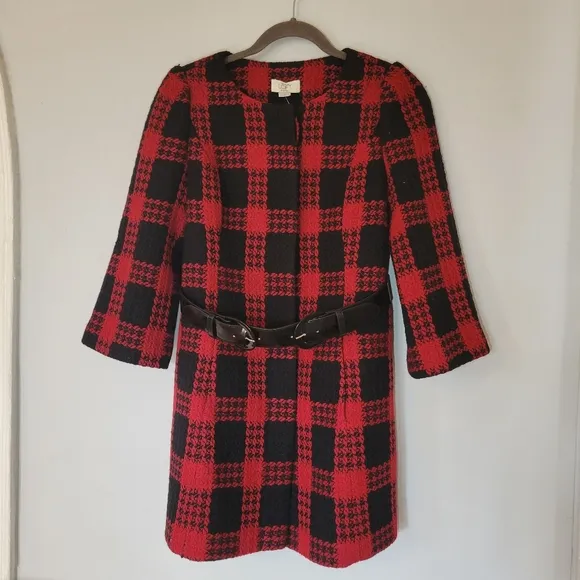 NWT Ann Taylor Loft Black &amp; Red Plaid Belted‎ Jacket 2P