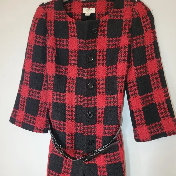 NWT Ann Taylor Loft Black &amp; Red Plaid Belted‎ Jacket 2P