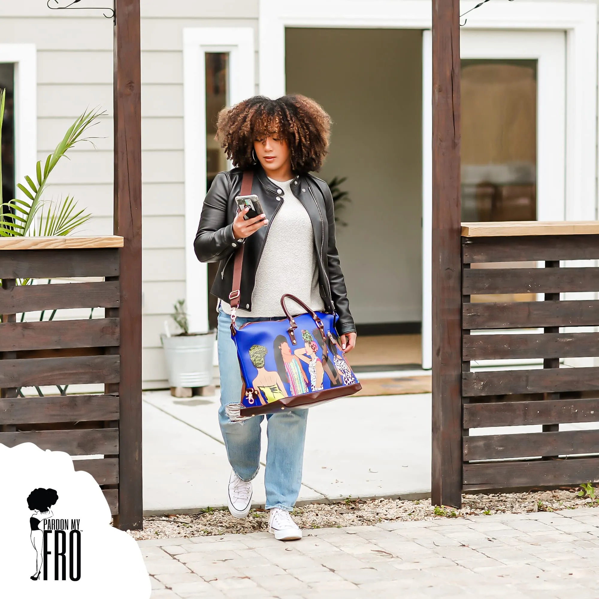 Pardon My Fro Fashion Duffle Bag For Women - Afro Luggage, Faux Leather Weekender Bag for Women, Overnight & Carryon Women Bags, Spend The Night Bags For Girls - Travel Essentials, 50x31x23cm Blue