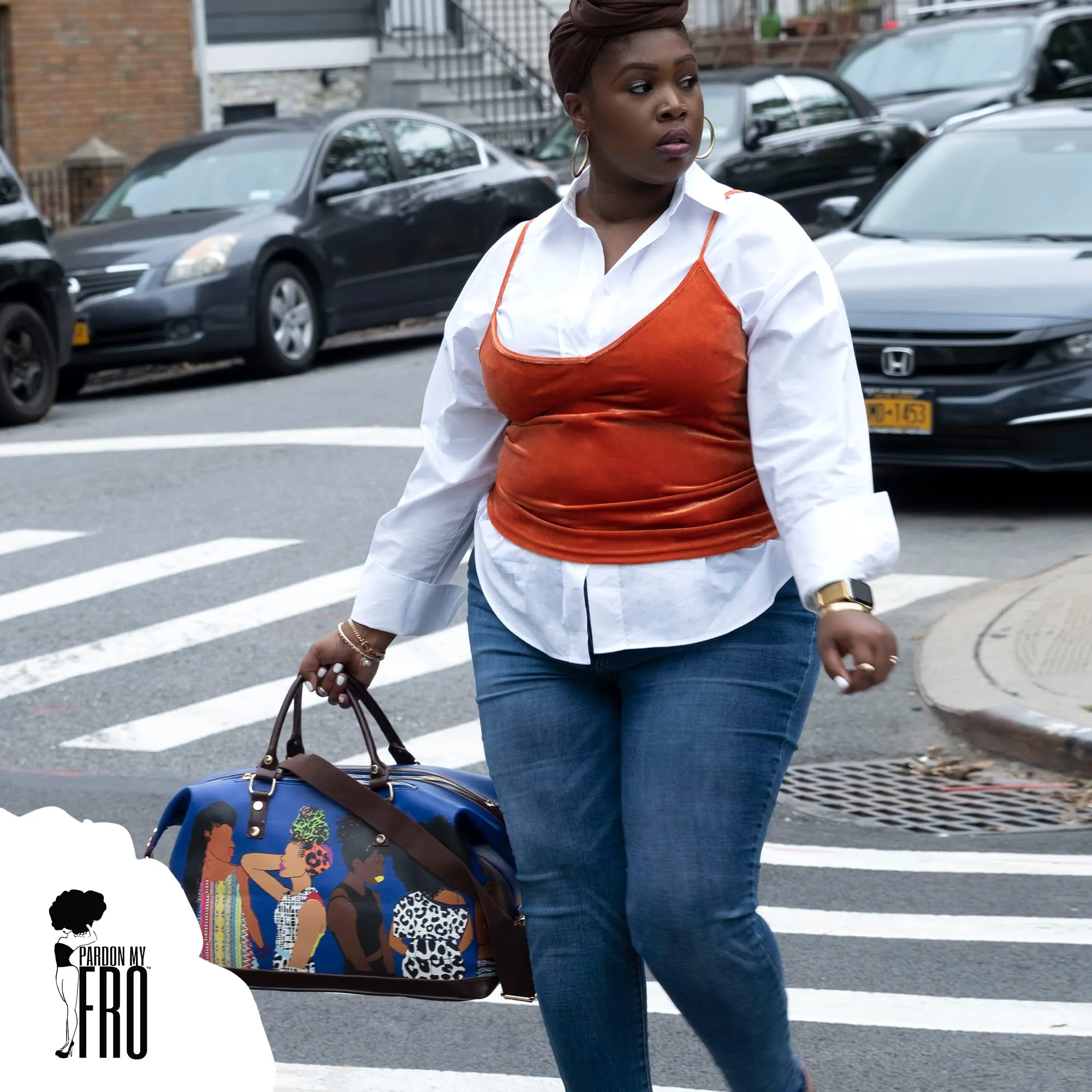 Pardon My Fro Fashion Duffle Bag For Women - Afro Luggage, Faux Leather Weekender Bag for Women, Overnight & Carryon Women Bags, Spend The Night Bags For Girls - Travel Essentials, 50x31x23cm Blue