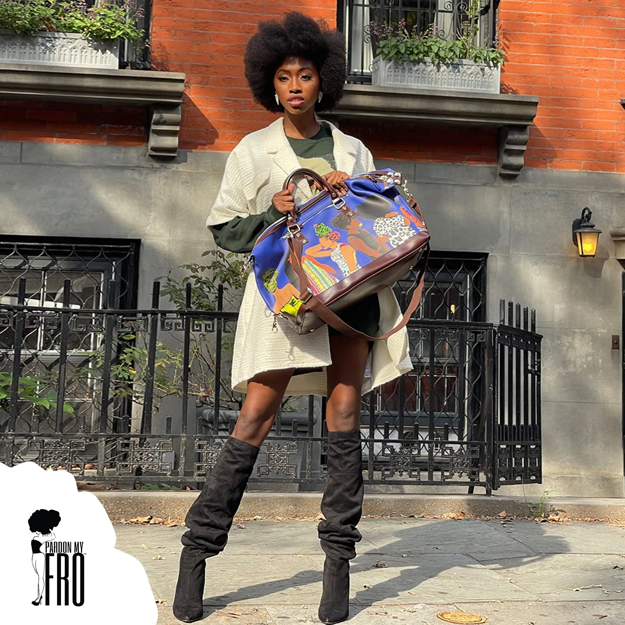 Pardon My Fro Fashion Duffle Bag For Women - Afro Luggage, Faux Leather Weekender Bag for Women, Overnight & Carryon Women Bags, Spend The Night Bags For Girls - Travel Essentials, 50x31x23cm Blue