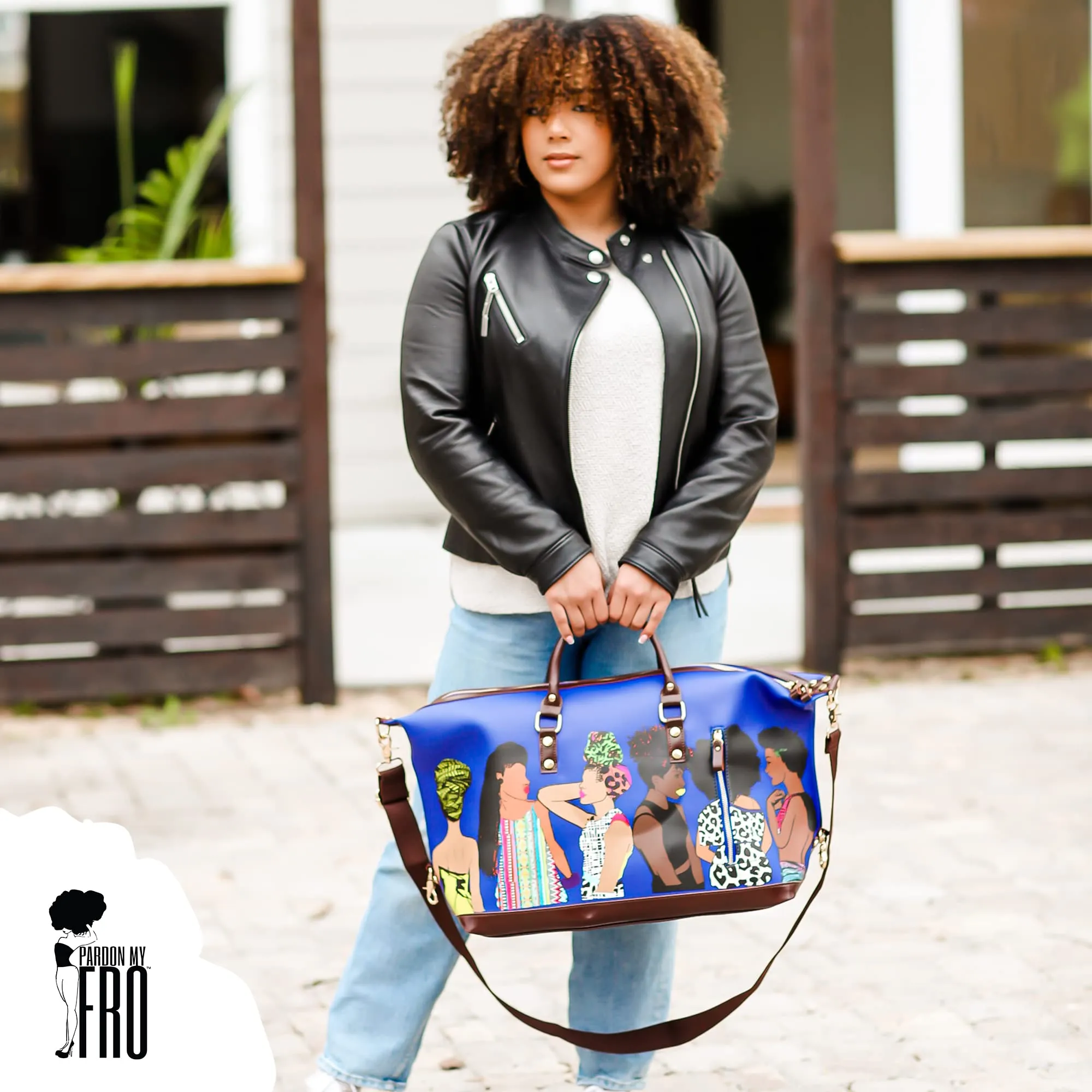 Pardon My Fro Fashion Duffle Bag For Women - Afro Luggage, Faux Leather Weekender Bag for Women, Overnight & Carryon Women Bags, Spend The Night Bags For Girls - Travel Essentials, 50x31x23cm Blue