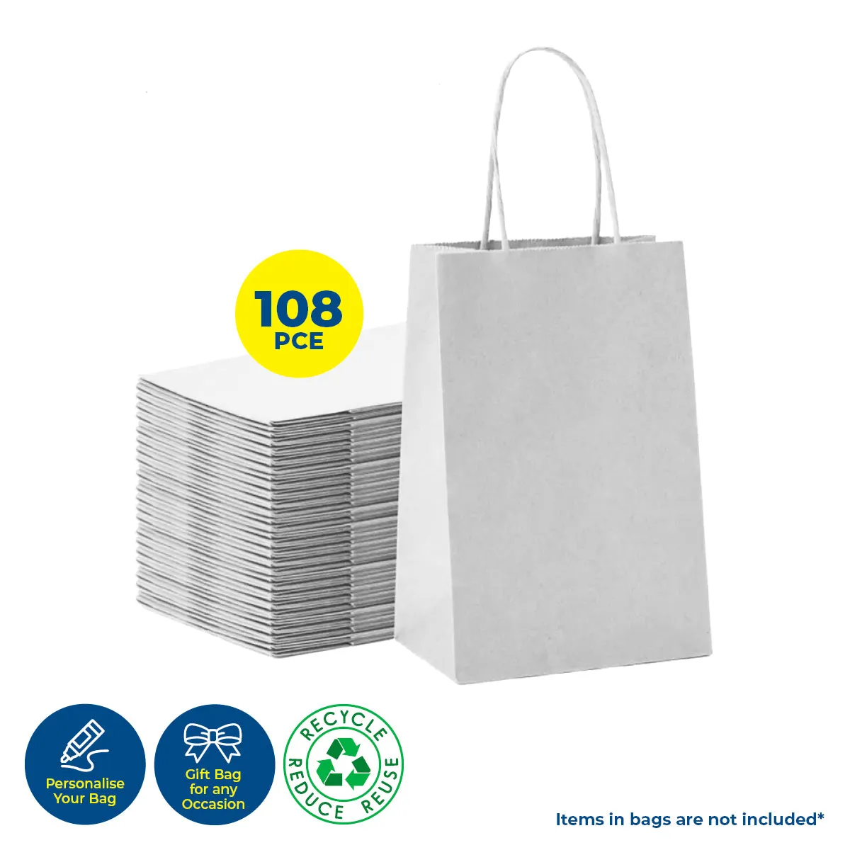 Party Central 108PCE Gift/Craft Paper Bags White Reusable 15 x 21cm