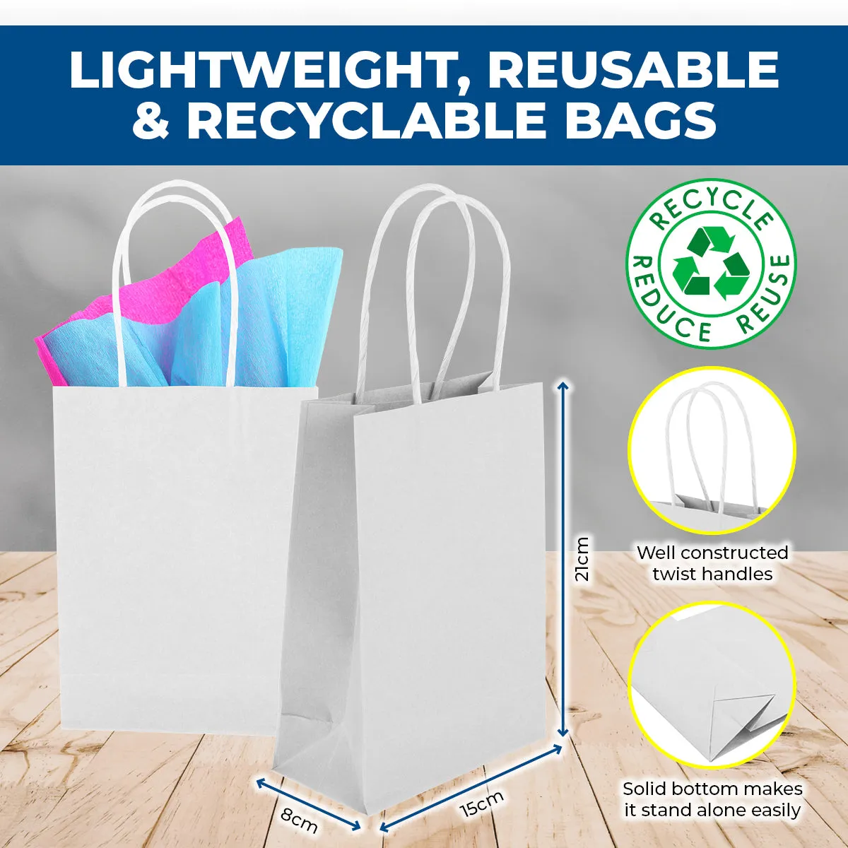 Party Central 108PCE Gift/Craft Paper Bags White Reusable 15 x 21cm