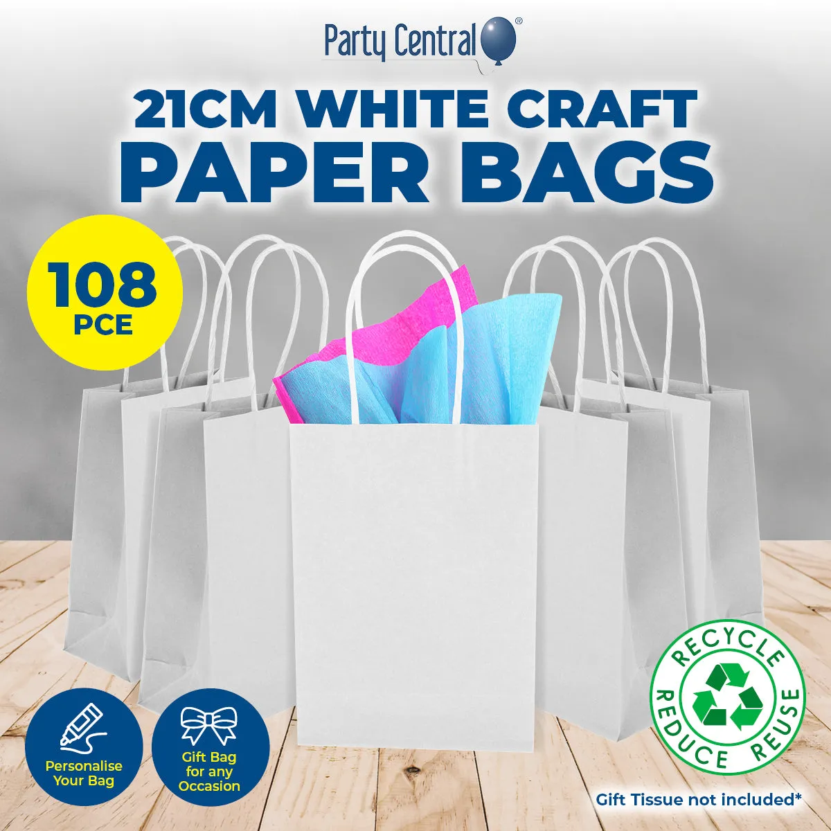 Party Central 108PCE Gift/Craft Paper Bags White Reusable 15 x 21cm