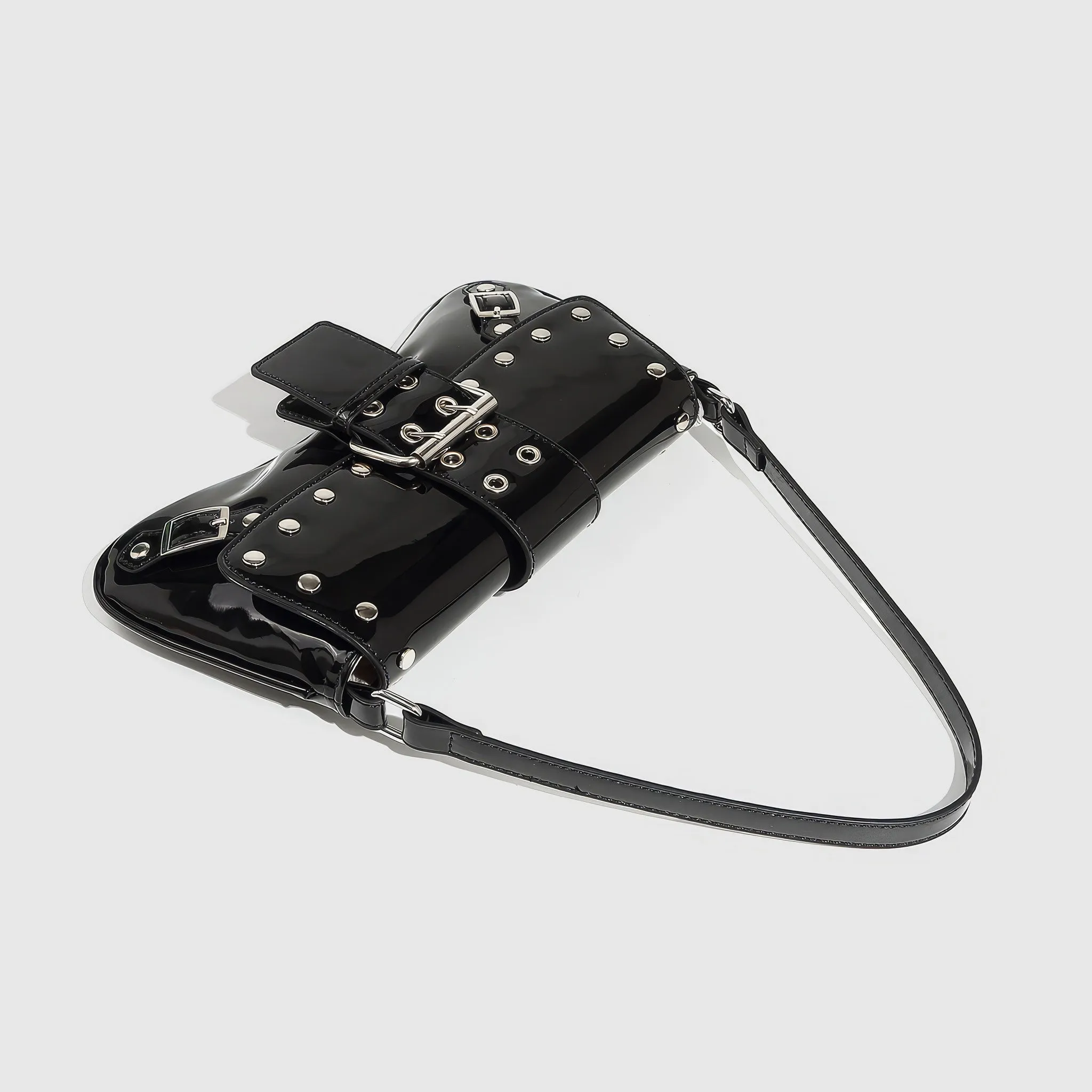 Patent Buckle Strap Black Shoulder Bag
