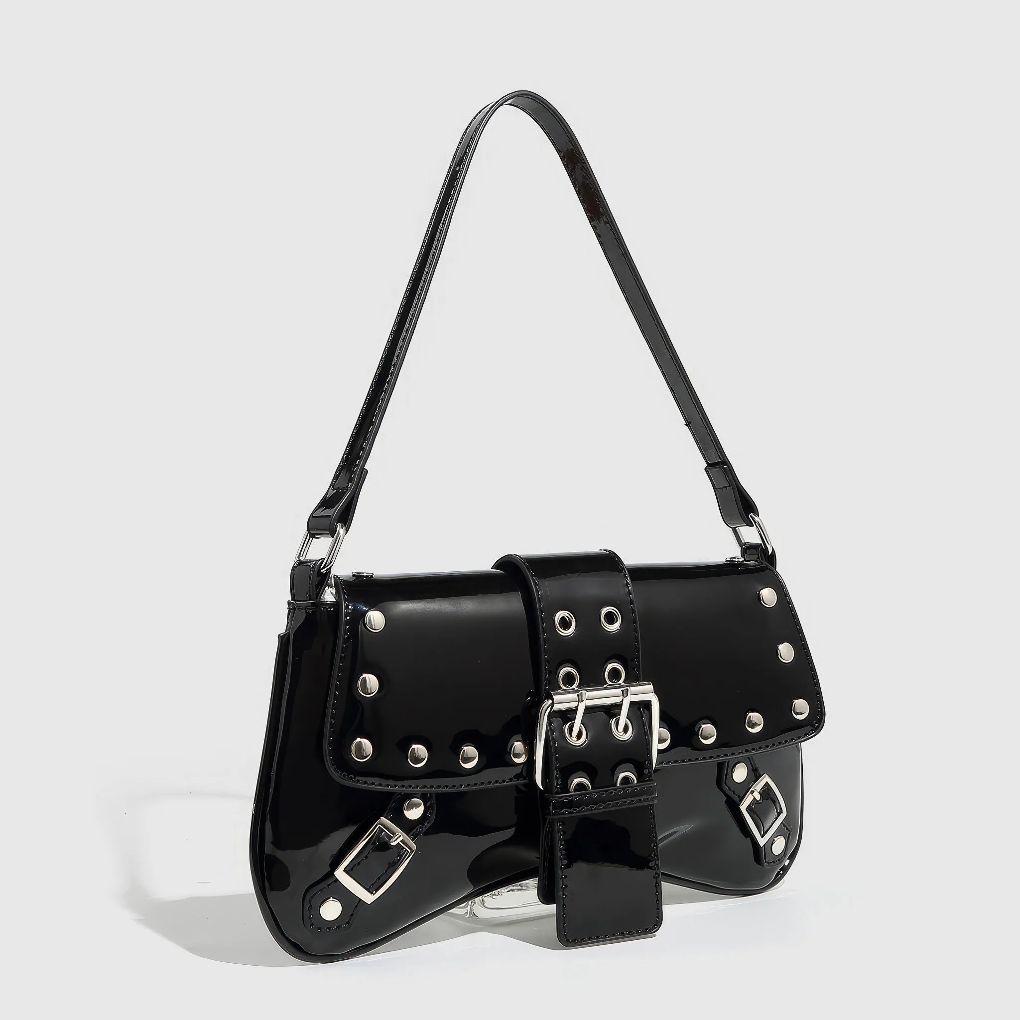 Patent Buckle Strap Black Shoulder Bag