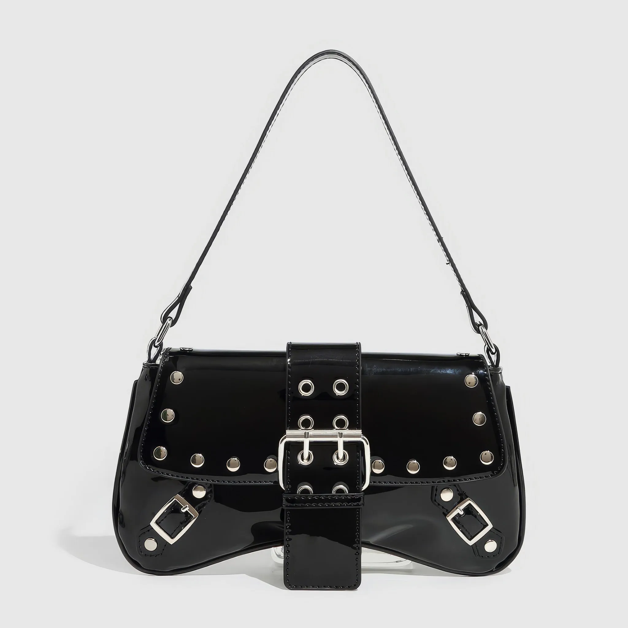 Patent Buckle Strap Black Shoulder Bag