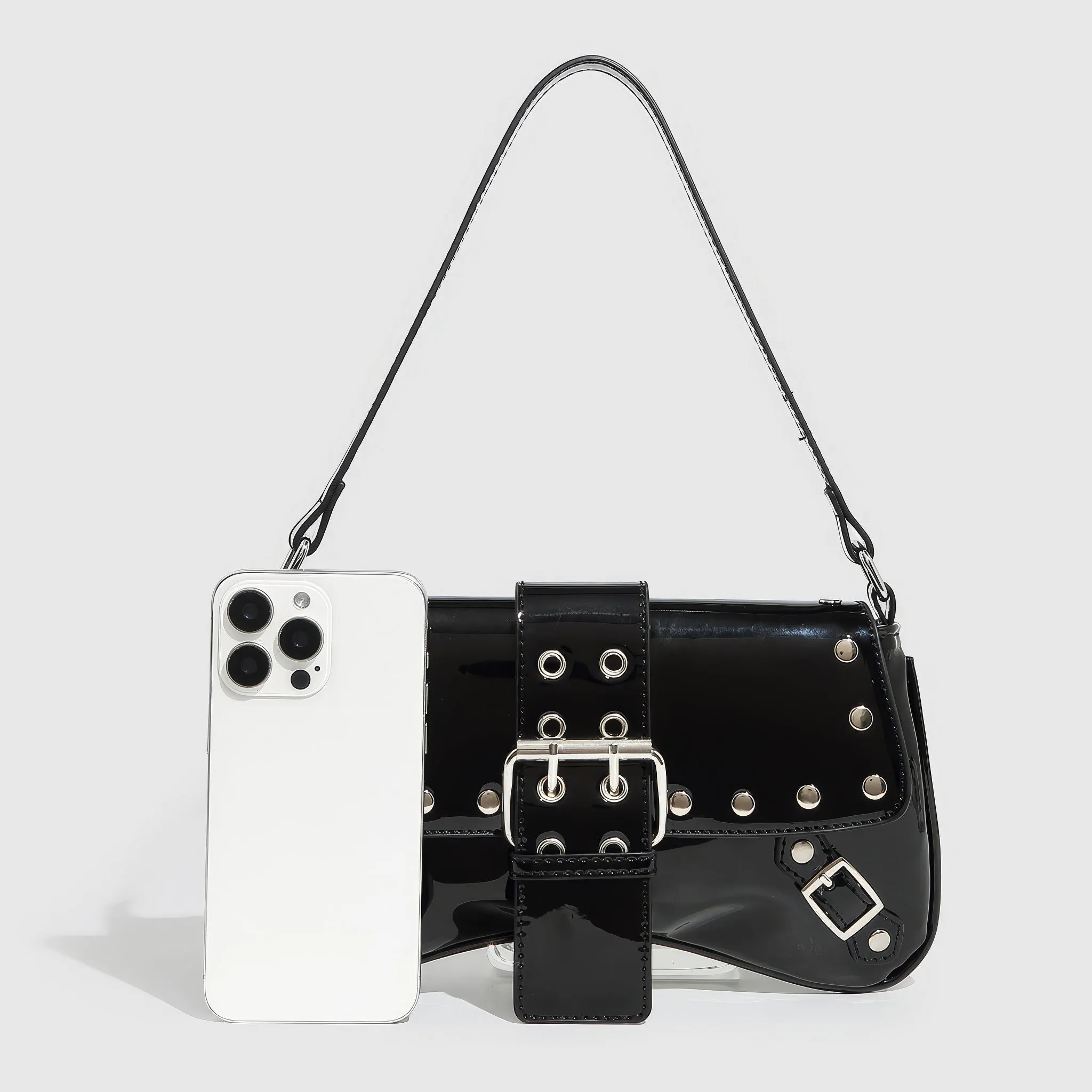 Patent Buckle Strap Black Shoulder Bag