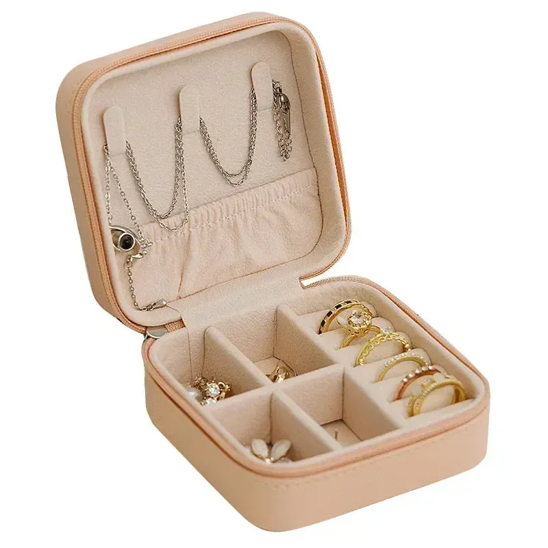 Portable PU Leather Jewelry Box – Travel Organizer for Rings, Earrings & Necklaces