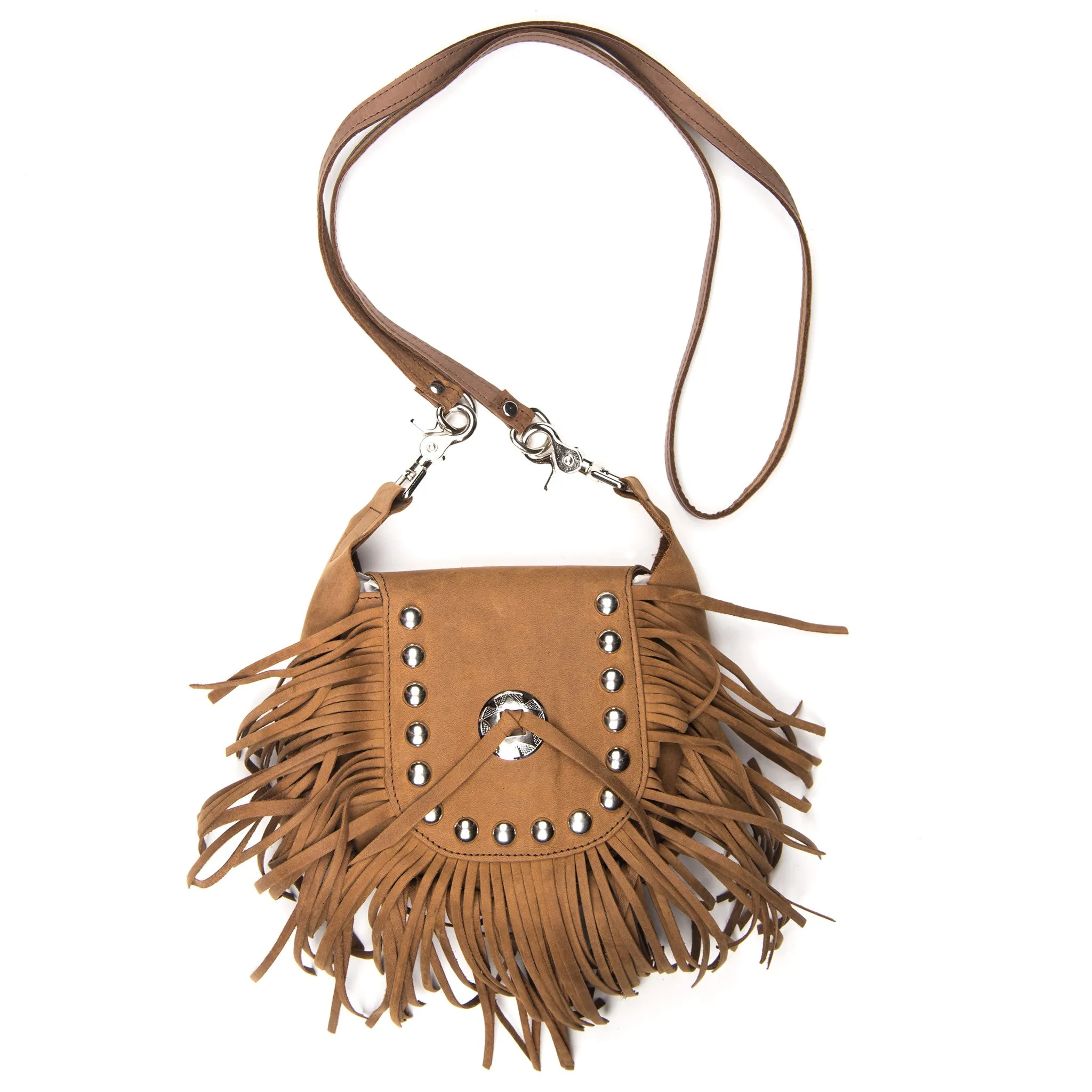 PU53R  Studded Fringed Clip Pouch w/Strap- Brown