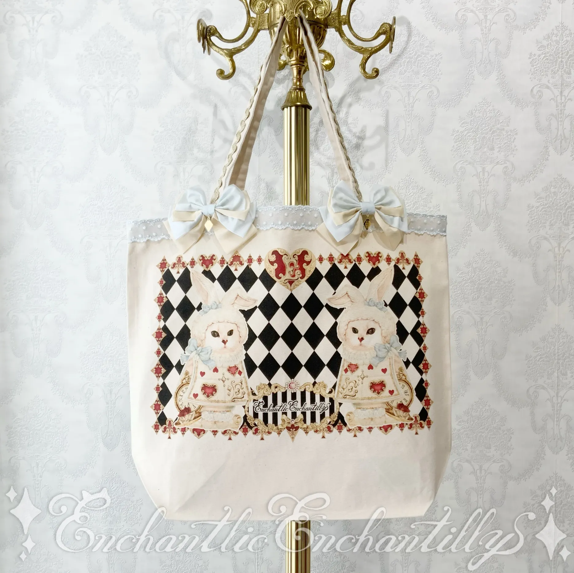 Queen cat from Wonderland large tote bag Twin white rabbits?!